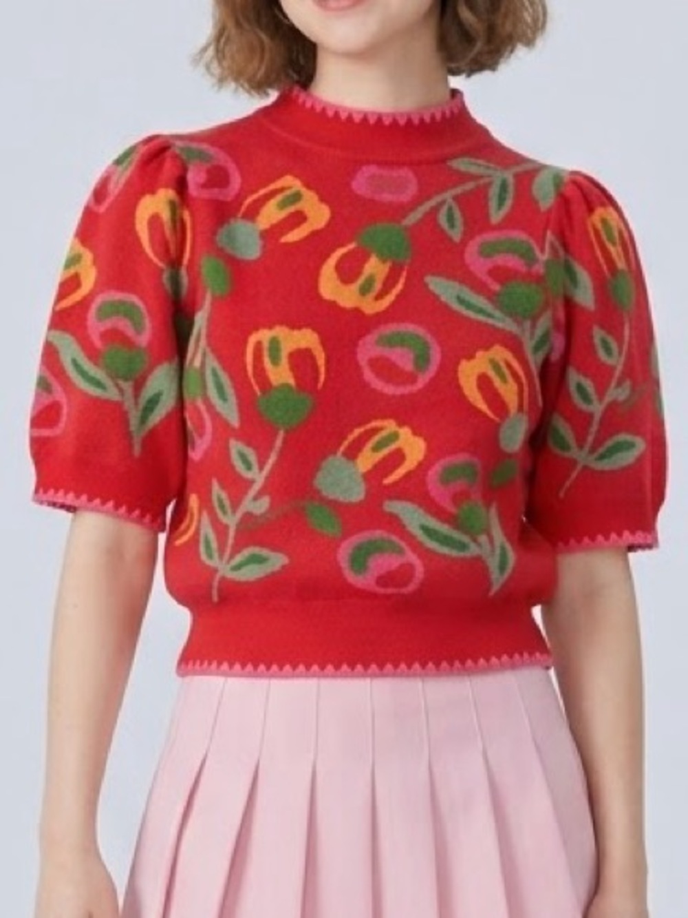THML Floral Knit Sweater Top Size Small Red Short Sleeve Boho